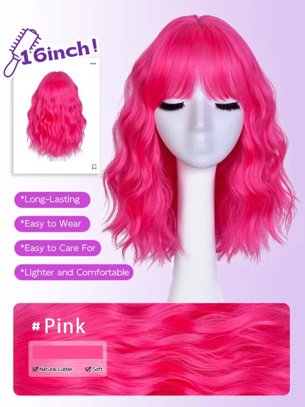 Women's Pink 14 Inch Natural Synthetic Short Curly Wavy Fiber Wigs